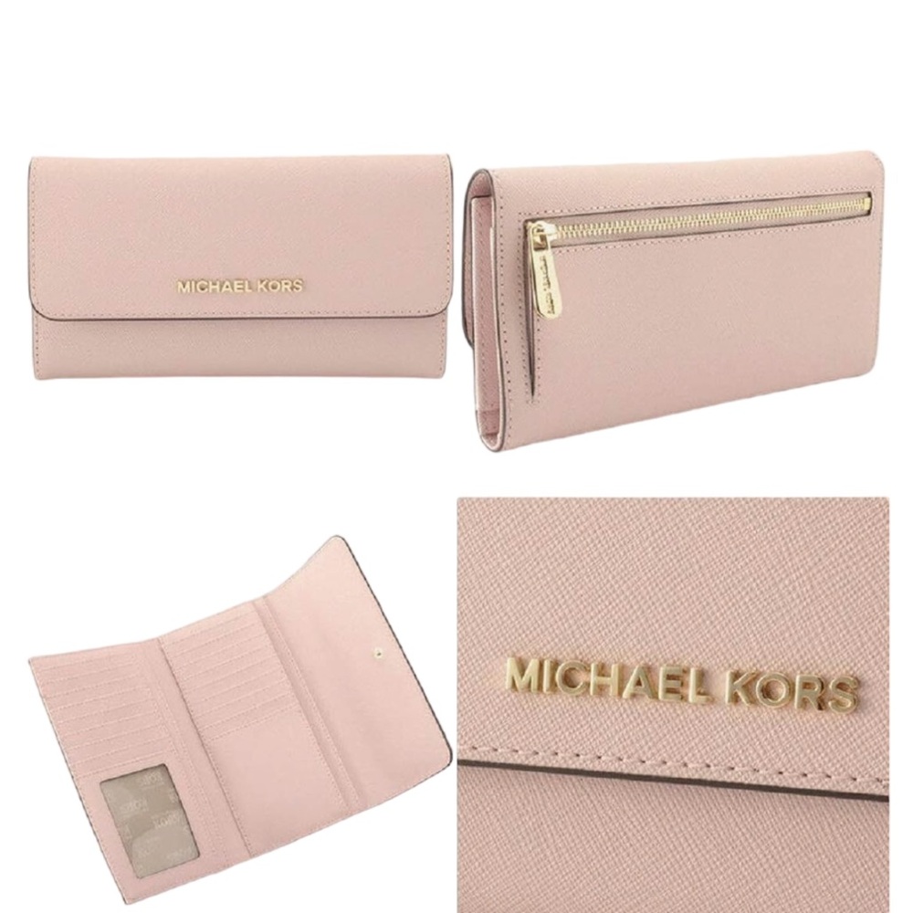 EUC Michael Kors Jet Set Travel Large Trifold Signature PVC Wallet Blush Color